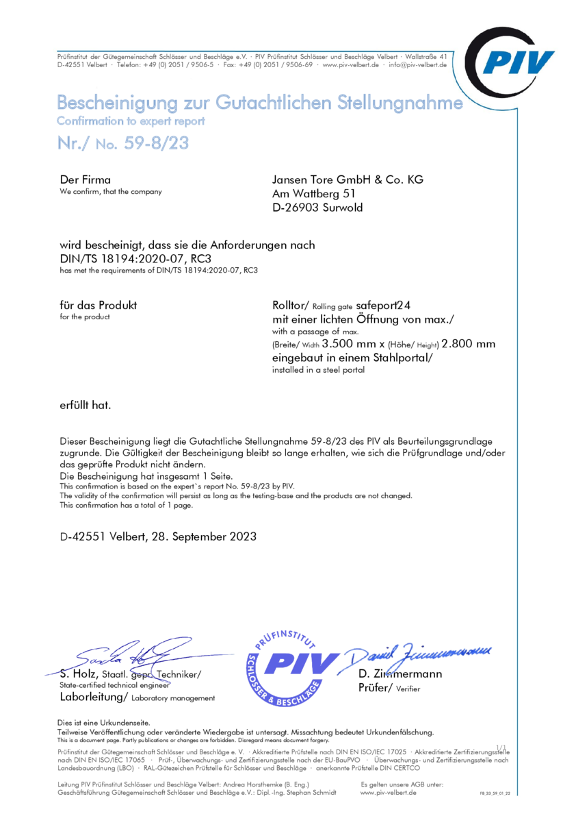 Rolltor SAFEPORT24 - Bescheinigung  RC3 GA_59-8-23.pdf